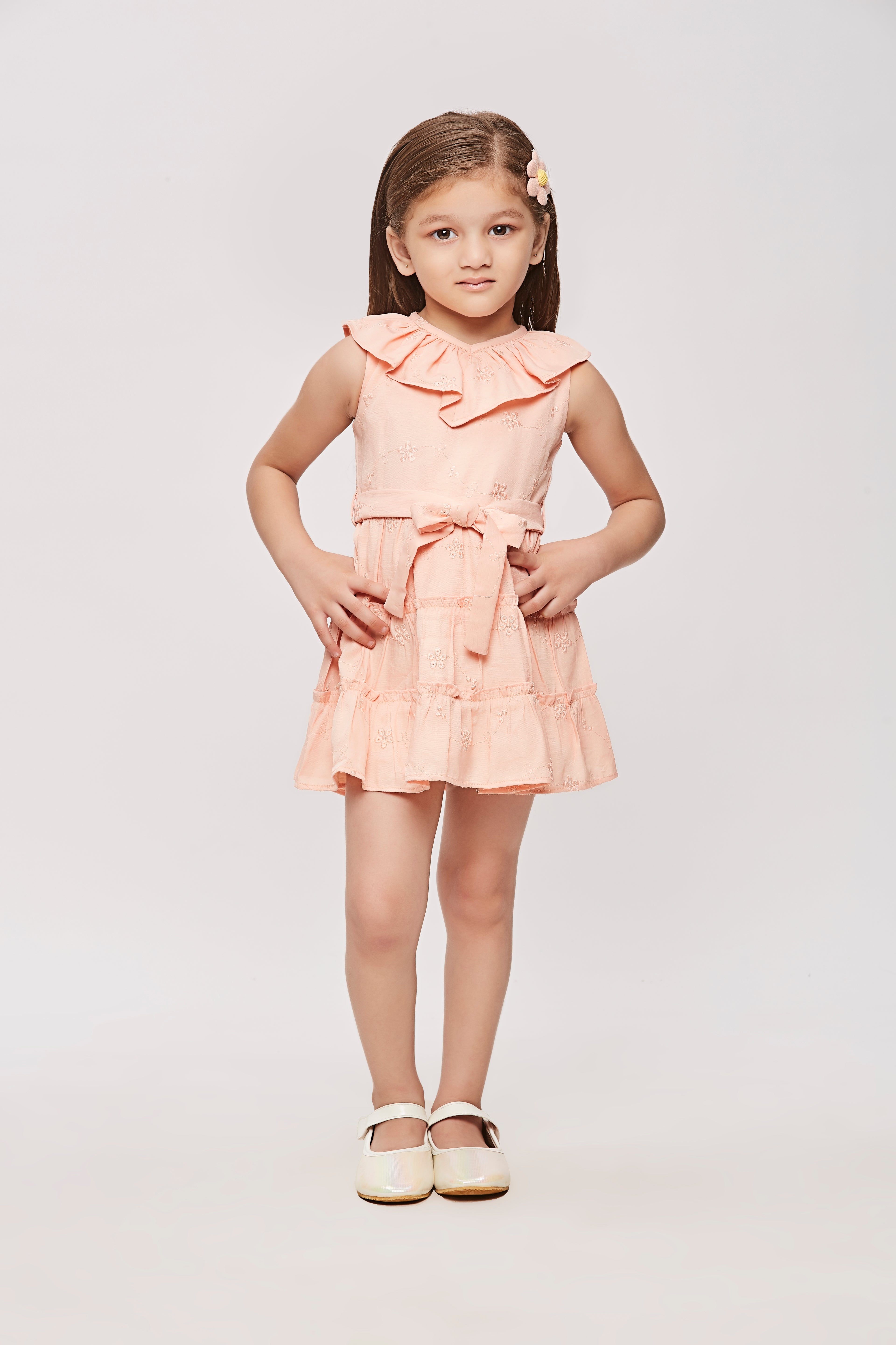 Girls Peach Embroidered Ruffle Collar Dress TSM30456