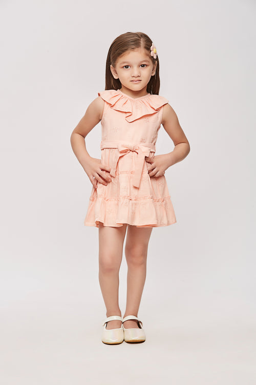 Girls Peach Embroidered Ruffle Collar Dress TSM30456