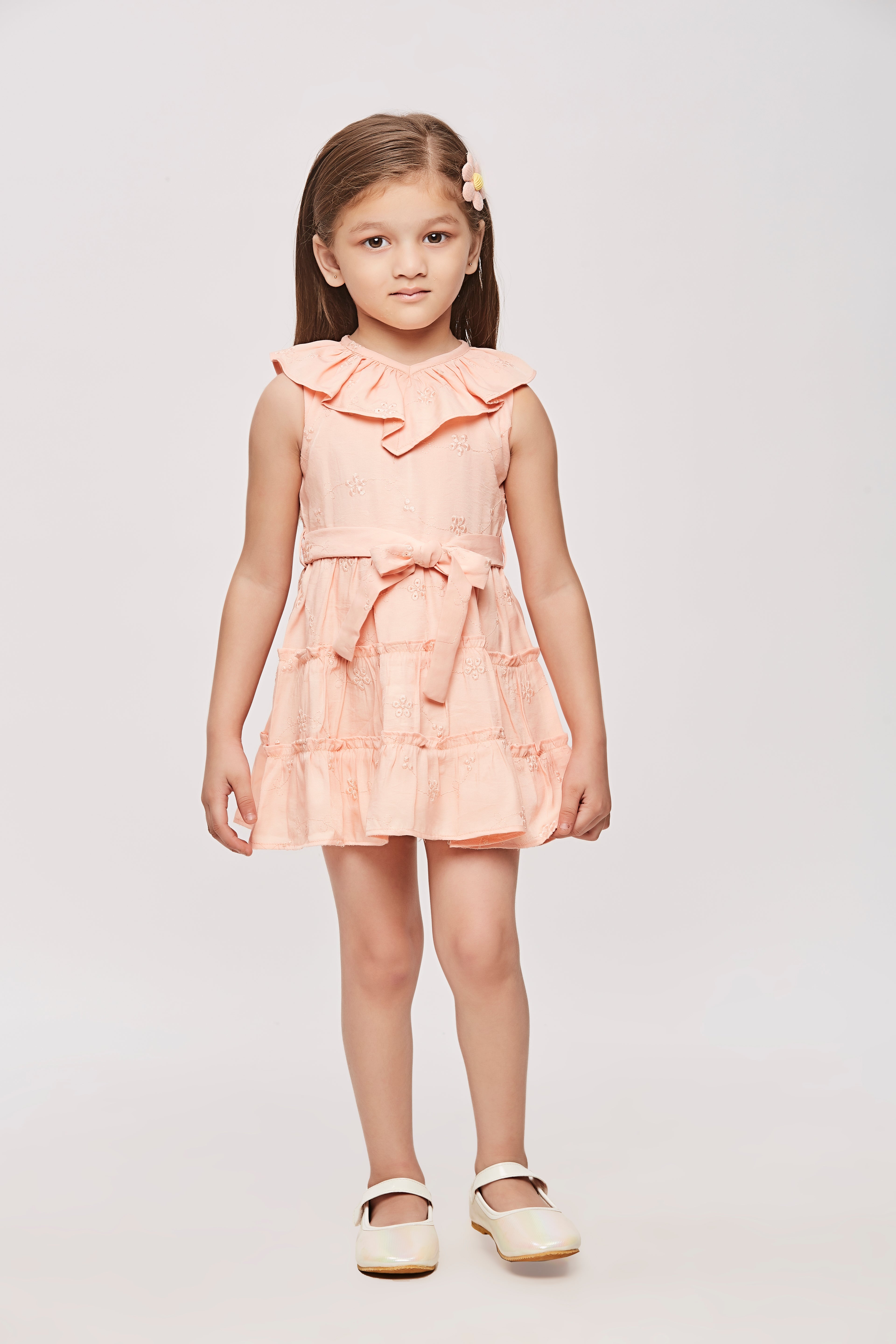Girls Peach Embroidered Ruffle Collar Dress TSM30456