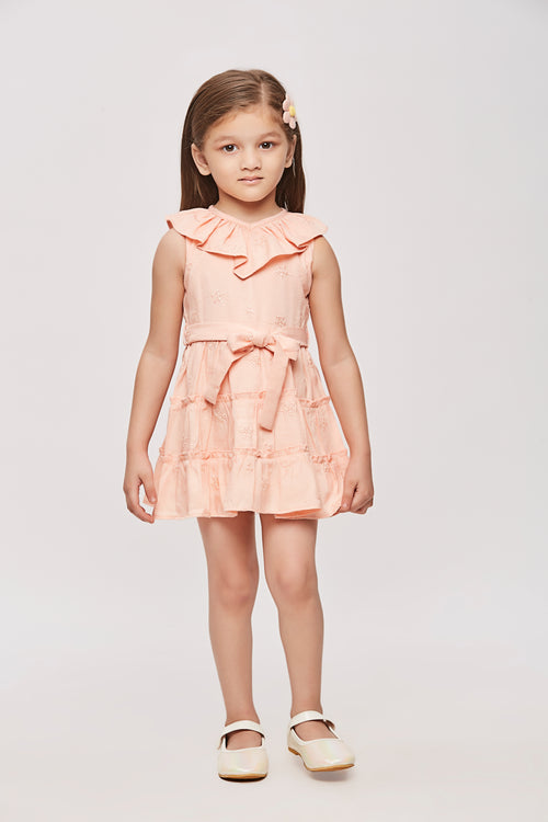 Girls Peach Embroidered Ruffle Collar Dress TSM30456