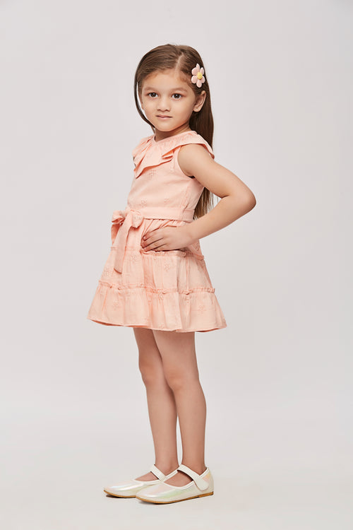 Girls Peach Embroidered Ruffle Collar Dress TSM30456