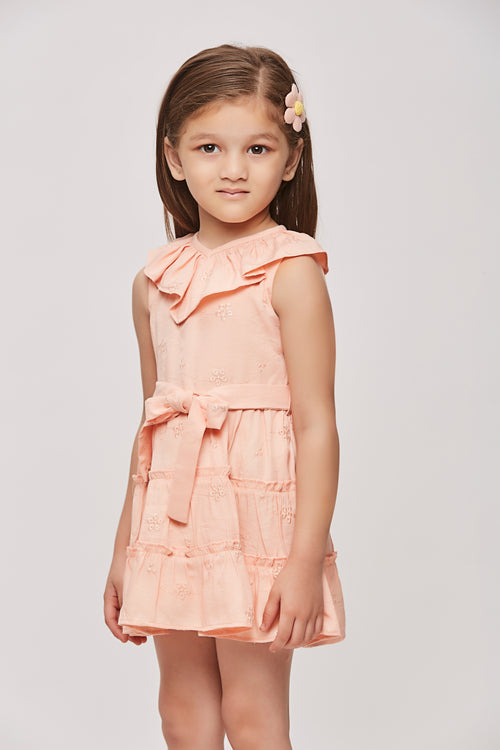 Girls Peach Embroidered Ruffle Collar Dress TSM30456
