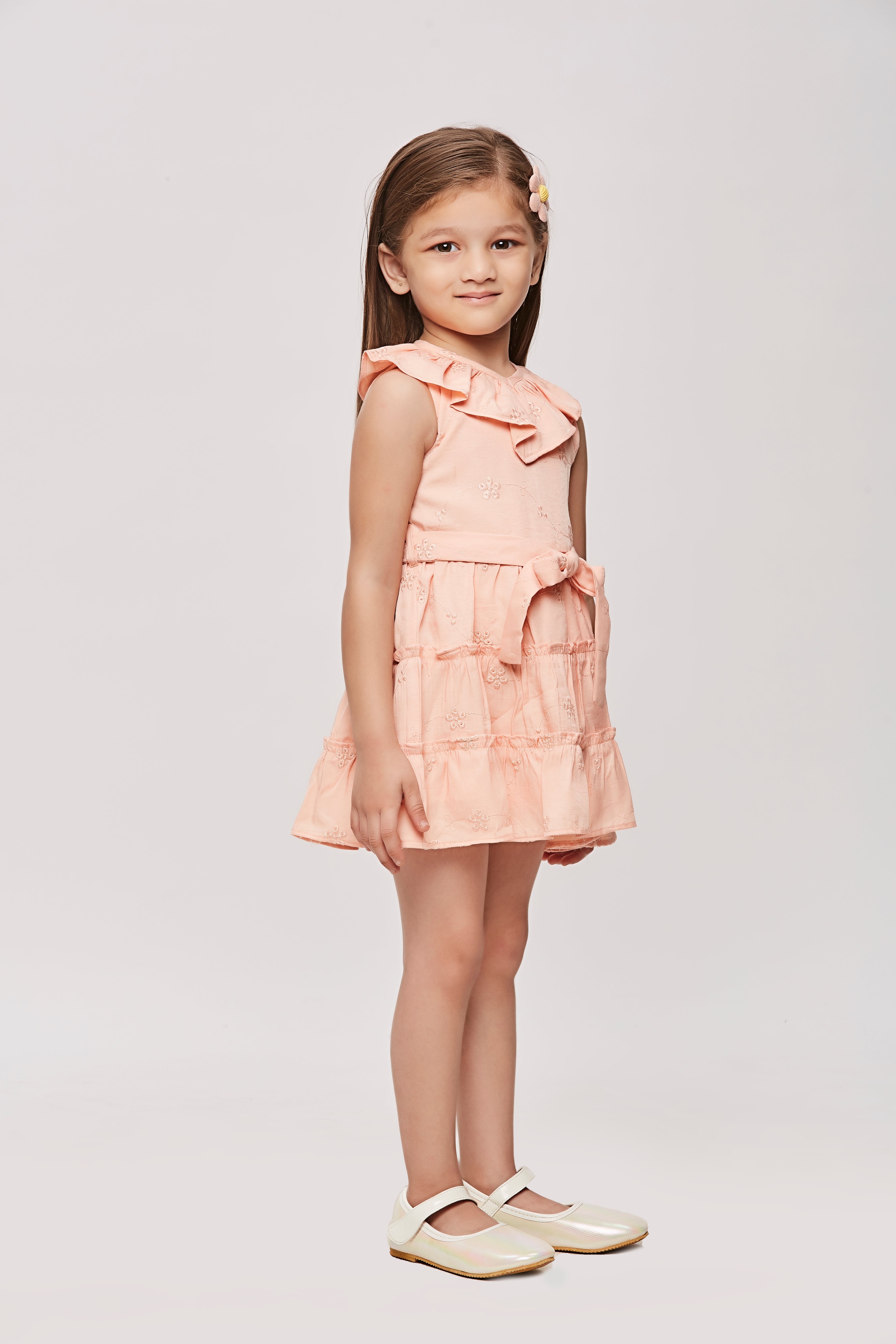 Girls Peach Embroidered Ruffle Collar Dress TSM30456
