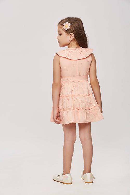 Girls Peach Embroidered Ruffle Collar Dress TSM30456