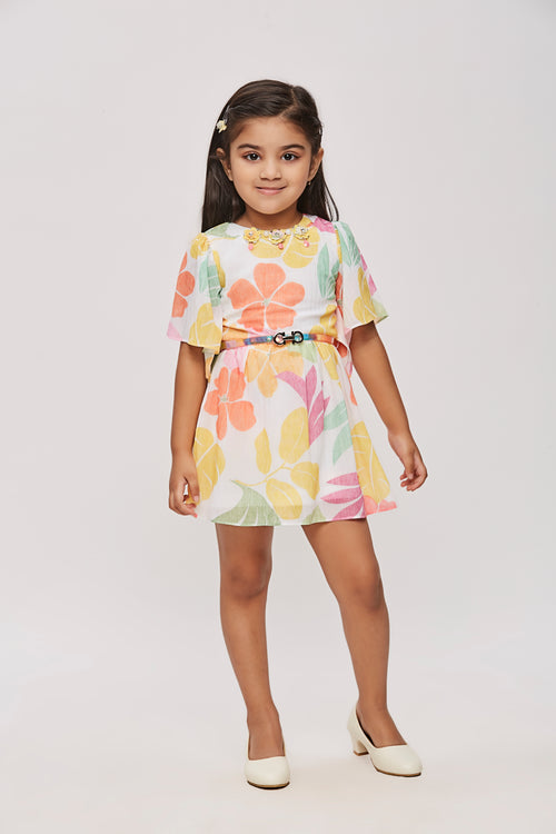 Girls Tropical Bloom Flutter Sleeve Belted Dress TSM30462
