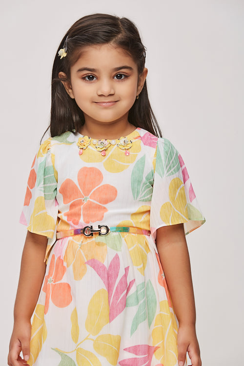Girls Tropical Bloom Flutter Sleeve Belted Dress TSM30462