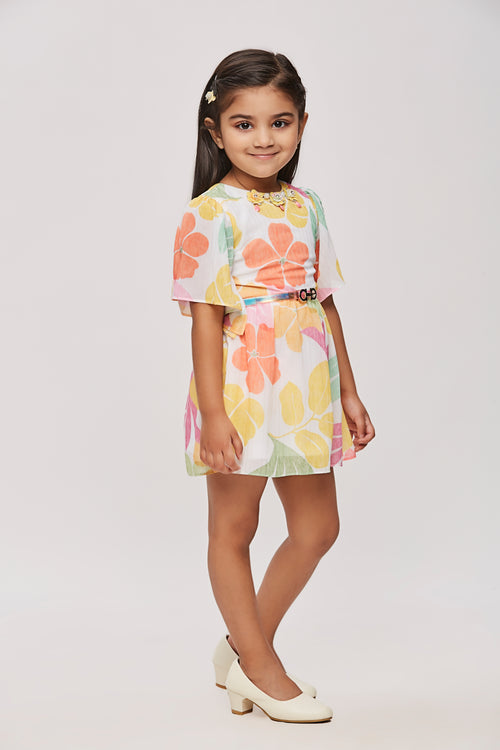 Girls Tropical Bloom Flutter Sleeve Belted Dress TSM30462