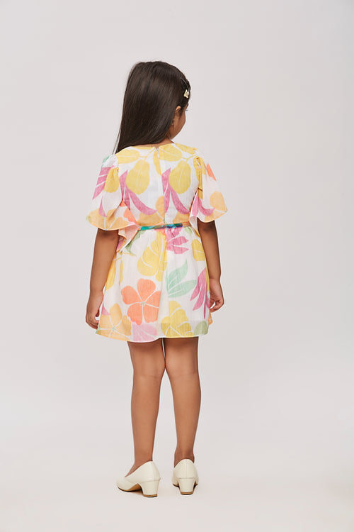 Girls Tropical Bloom Flutter Sleeve Belted Dress TSM30462