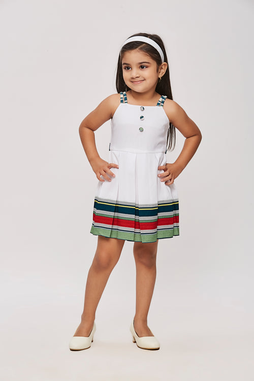 Girls Ivory Contrast Border Pleated Dress TSM30470