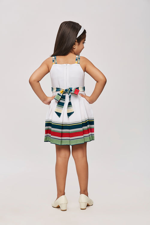 Girls Ivory Contrast Border Pleated Dress TSM30470