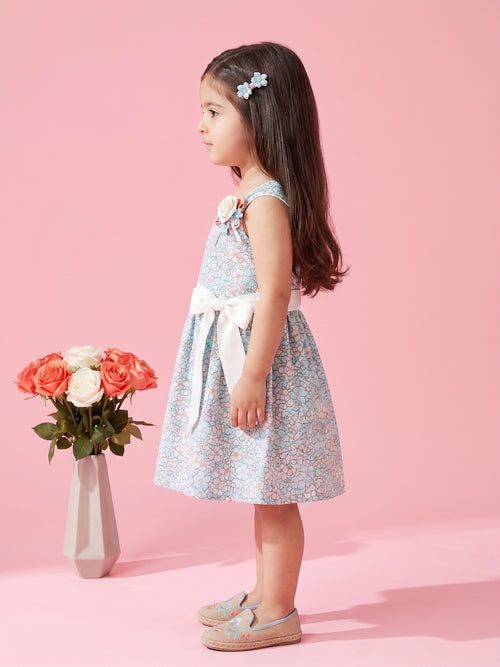 Light Blue Floral Sleeveless Party Dress with Bow Belt TSM30480