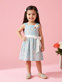 Light Blue Floral Sleeveless Party Dress with Bow Belt TSM30480