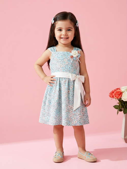 Light Blue Floral Sleeveless Party Dress with Bow Belt TSM30480