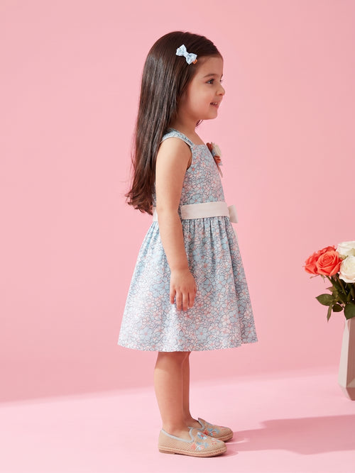 Light Blue Floral Sleeveless Party Dress with Bow Belt TSM30480