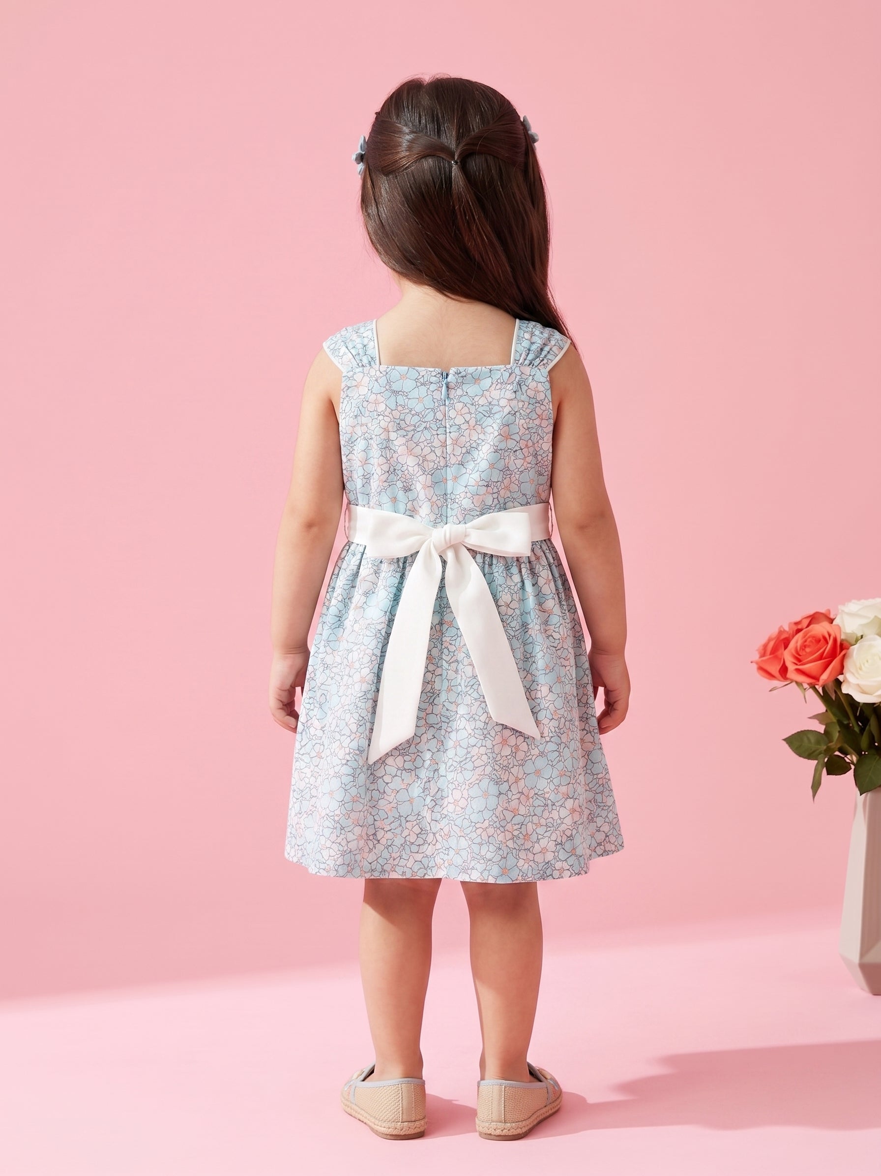 Light Blue Floral Sleeveless Party Dress with Bow Belt TSM30480