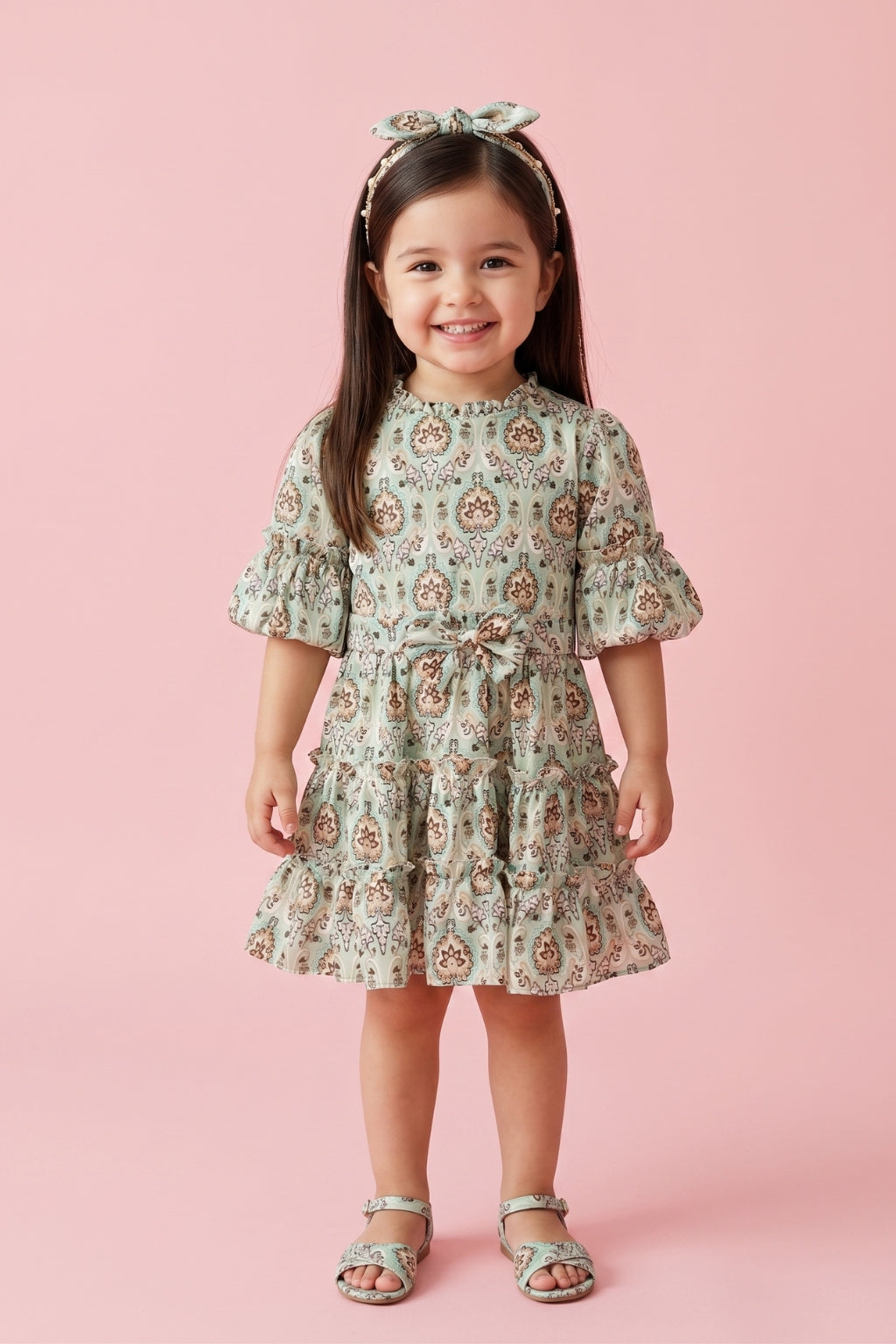 Pista Green Printed Tiered Dress TSM30528