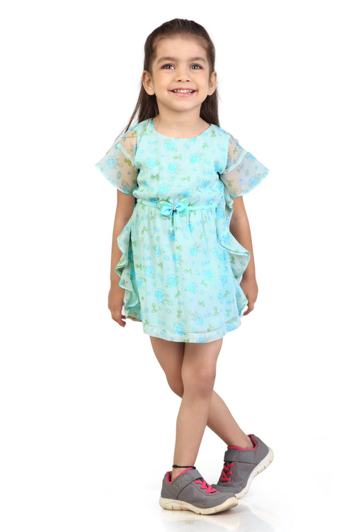 Girls Aqua Floral Ruffle Sleeve Dress TSM30560