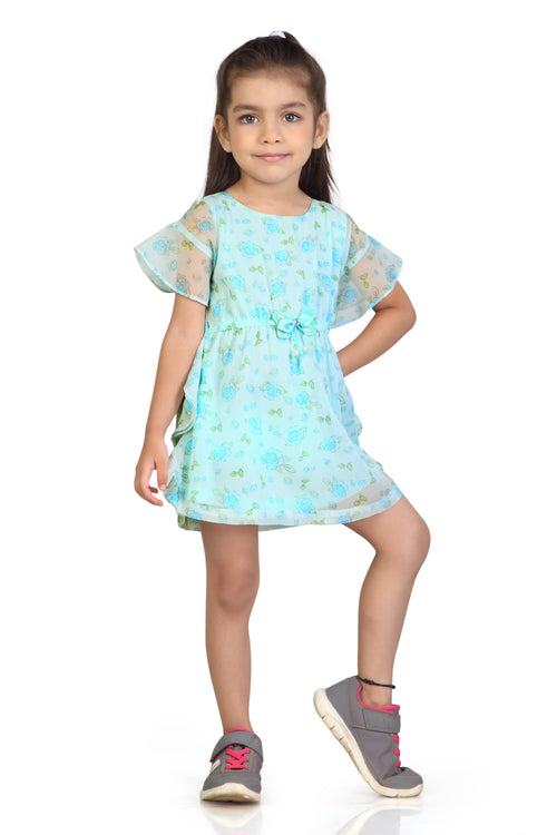 Girls Aqua Floral Ruffle Sleeve Dress TSM30560