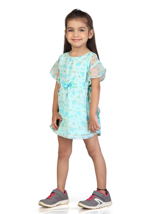 Girls Aqua Floral Ruffle Sleeve Dress TSM30560