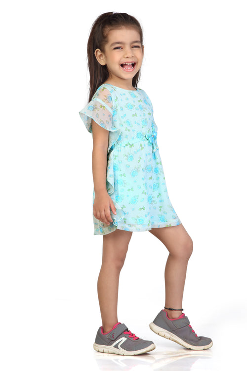 Girls Aqua Floral Ruffle Sleeve Dress TSM30560