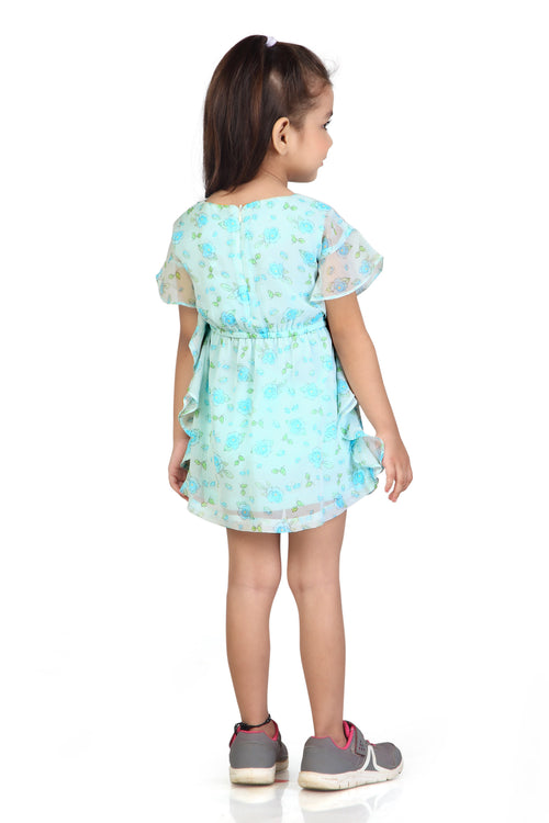 Girls Aqua Floral Ruffle Sleeve Dress TSM30560