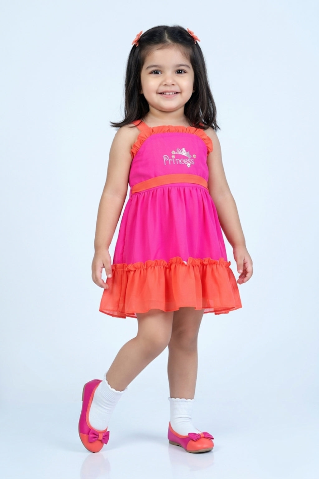 Girls Hot Pink & Coral Ruffle Hem Dress TSM30578