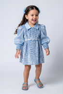 Sky Blue Textured Puff Sleeve Party Dress TSM30599