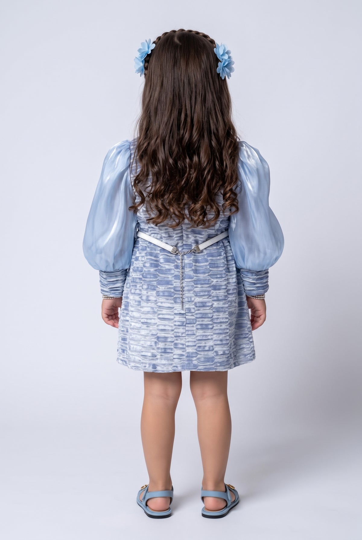 Sky Blue Textured Puff Sleeve Party Dress TSM30599