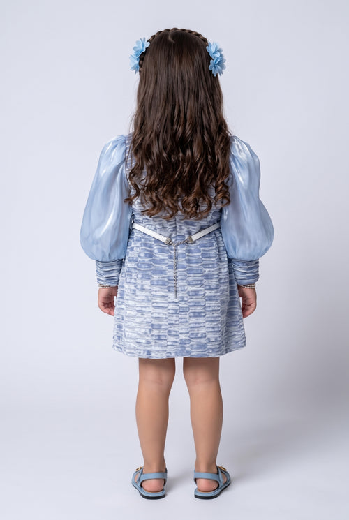 Sky Blue Textured Puff Sleeve Party Dress TSM30599