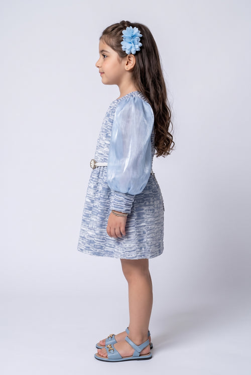 Sky Blue Textured Puff Sleeve Party Dress TSM30599