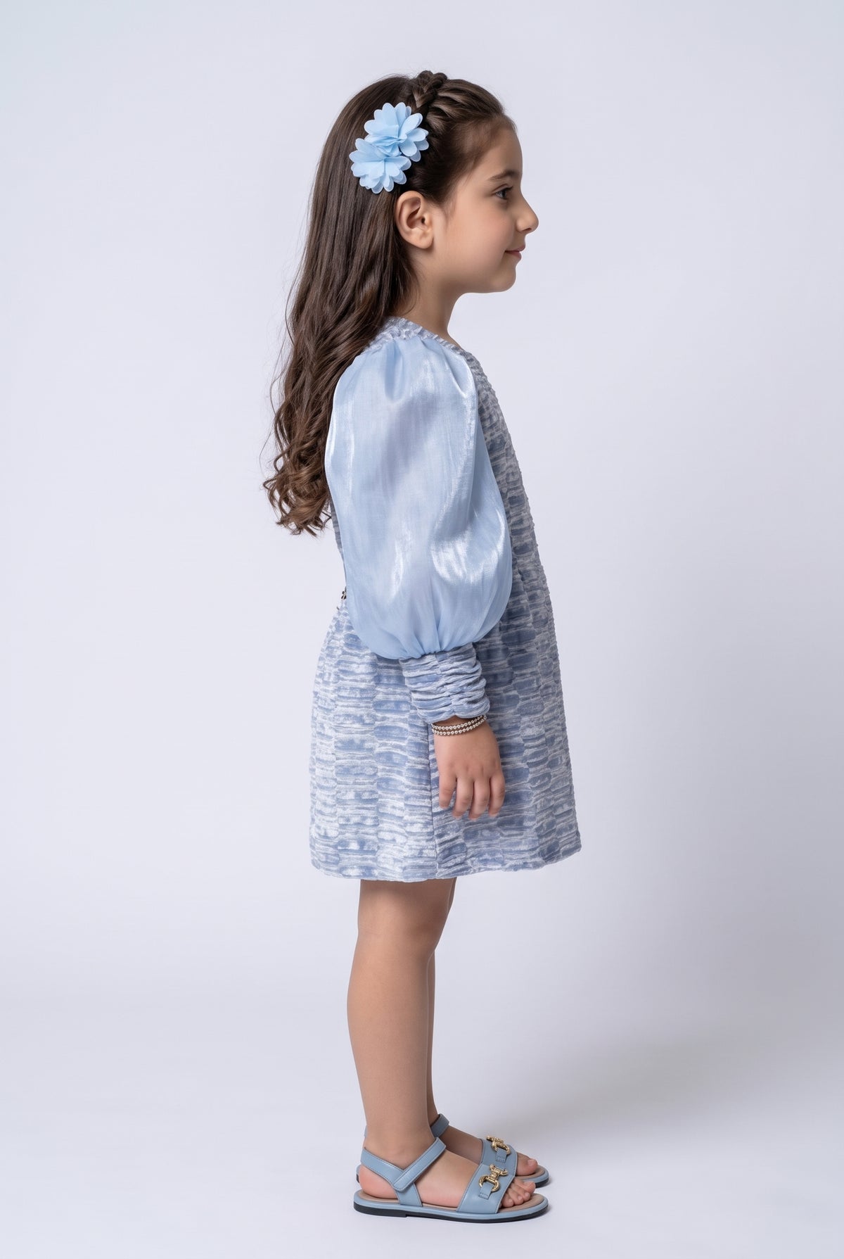 Sky Blue Textured Puff Sleeve Party Dress TSM30599