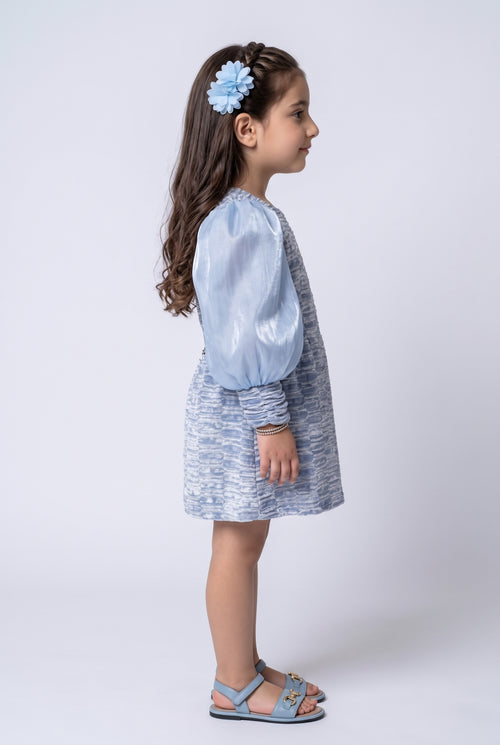 Sky Blue Textured Puff Sleeve Party Dress TSM30599