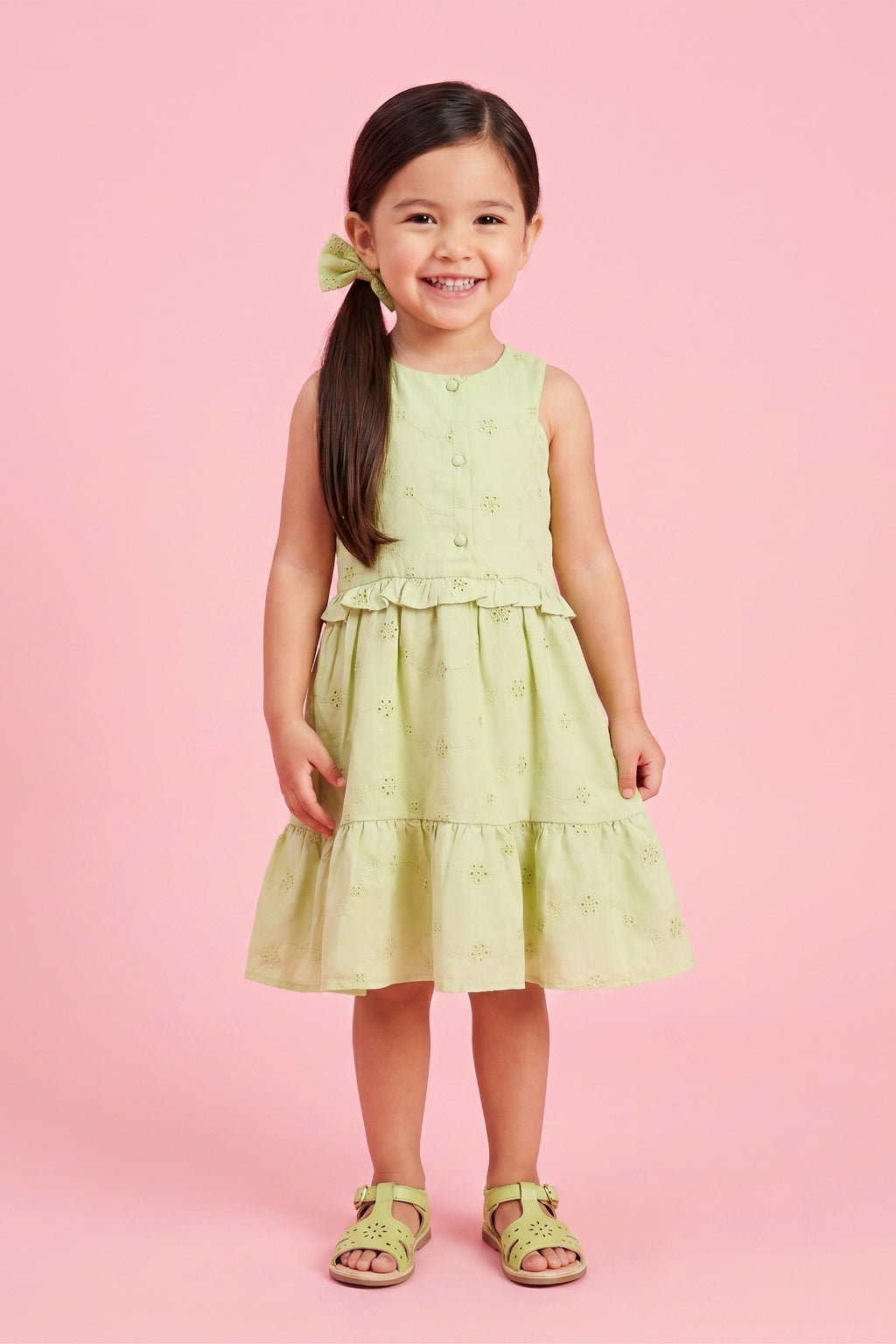 Pista Green Embroidered Tiered Dress TSM30634