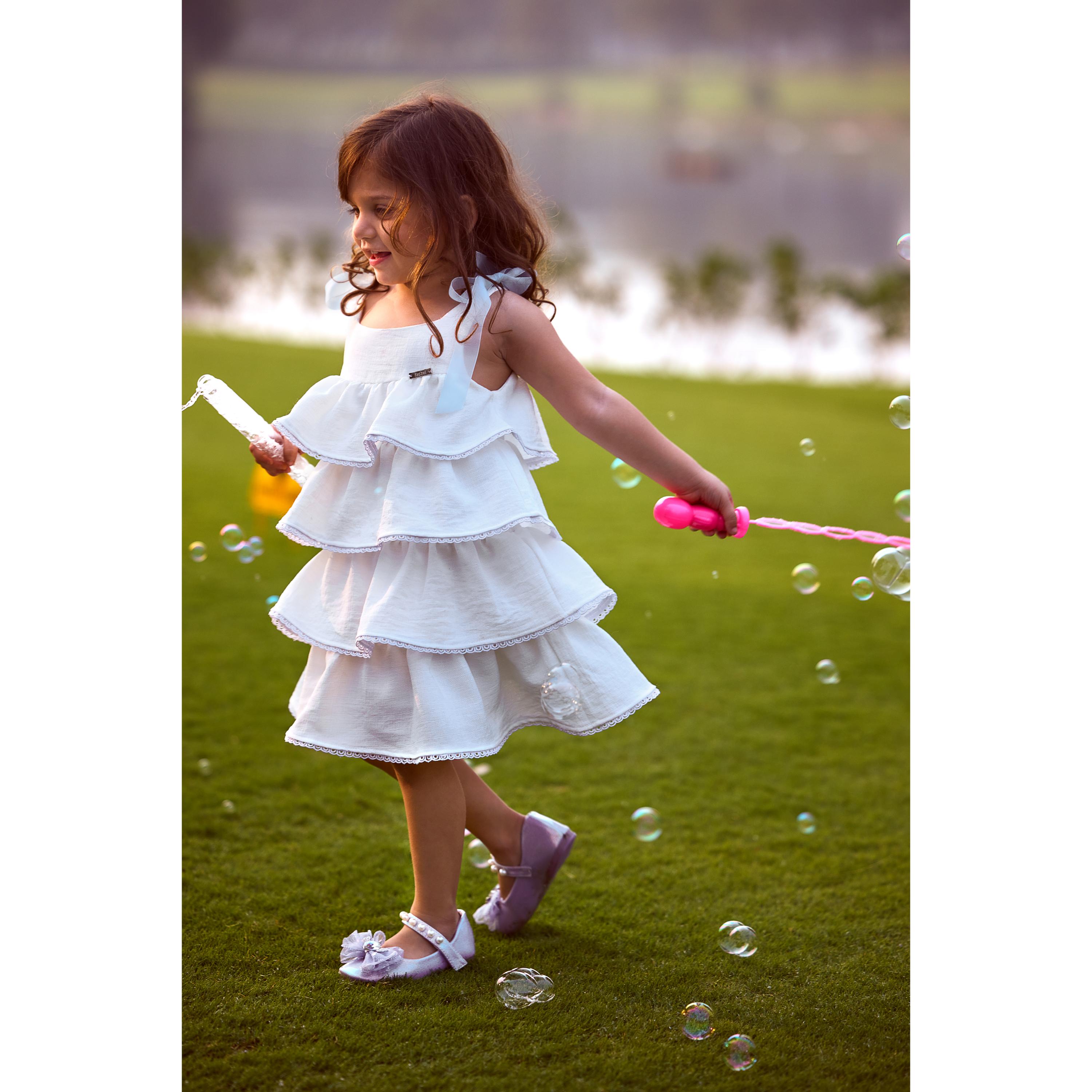 Girls Ivory Tiered Lace Trim Dress with Bow Straps TSM30638