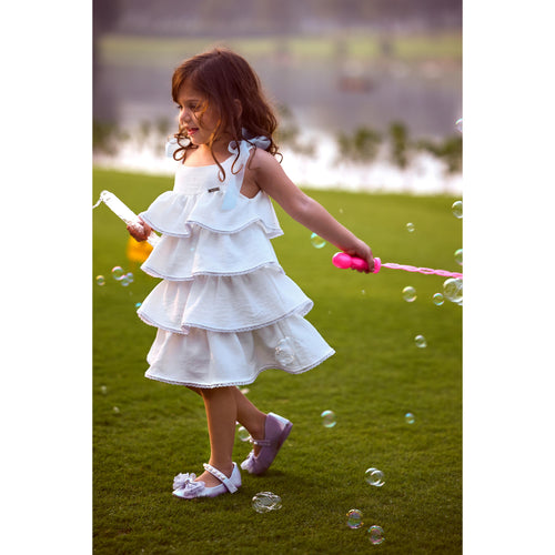 Girls Ivory Tiered Lace Trim Dress with Bow Straps TSM30638