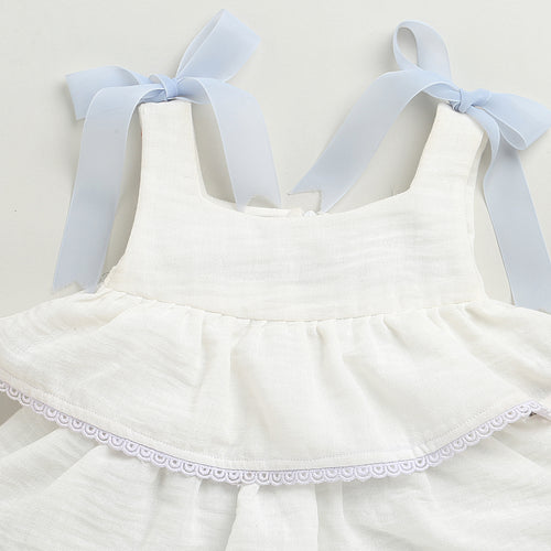 Girls Ivory Tiered Lace Trim Dress with Bow Straps TSM30638