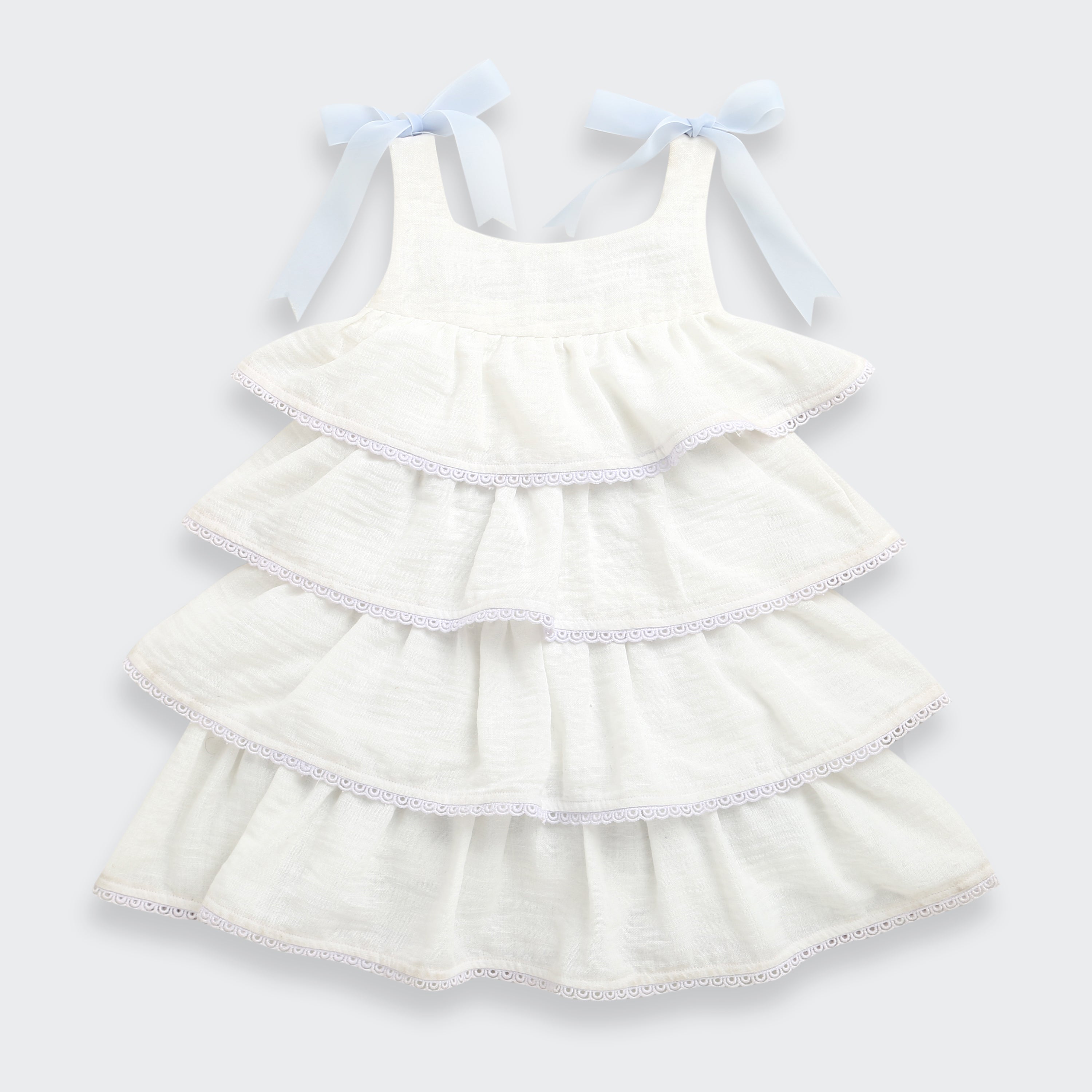 Girls Ivory Tiered Lace Trim Dress with Bow Straps TSM30638