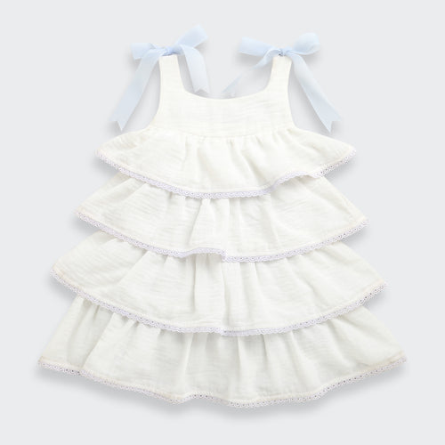 Girls Ivory Tiered Lace Trim Dress with Bow Straps TSM30638