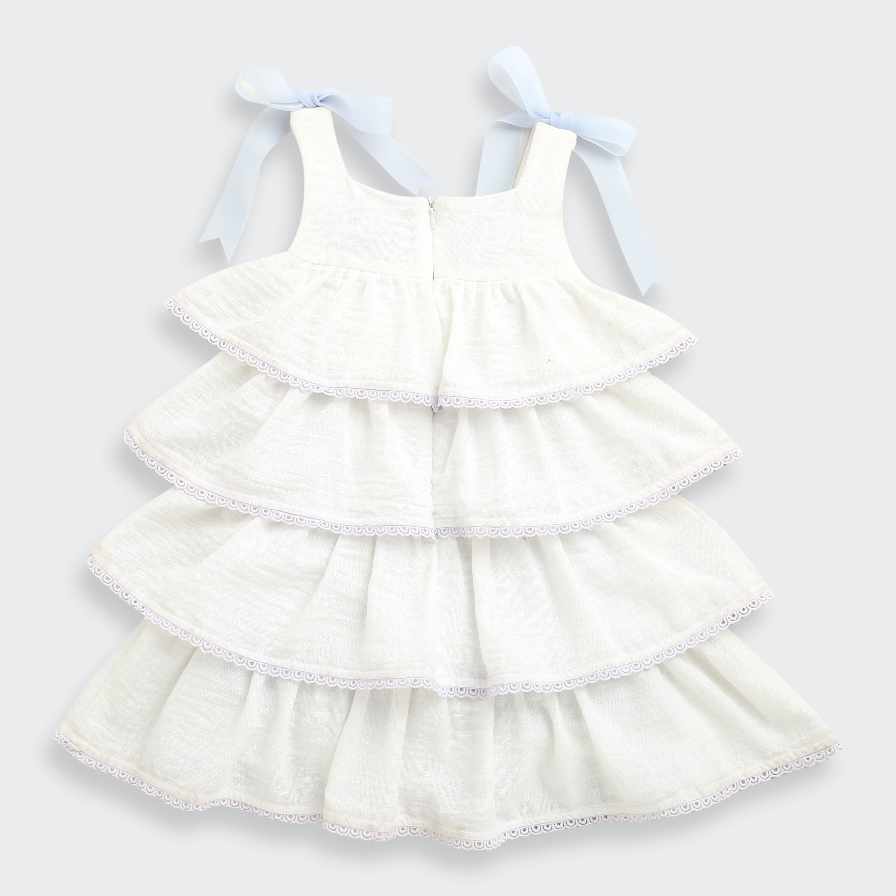 Girls Ivory Tiered Lace Trim Dress with Bow Straps TSM30638