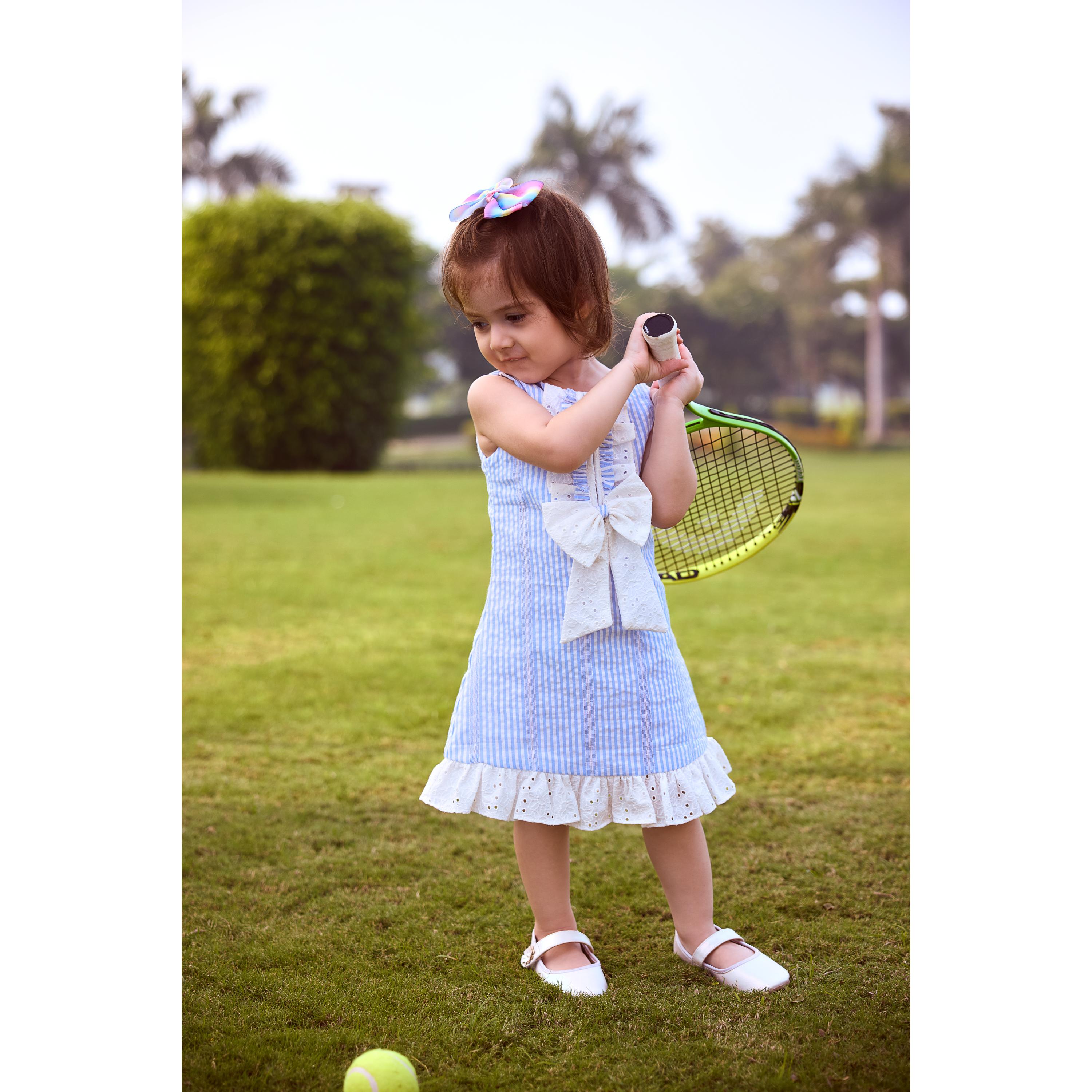 Blue Stripe Bow Detail Lace Hem Dress TSM30641