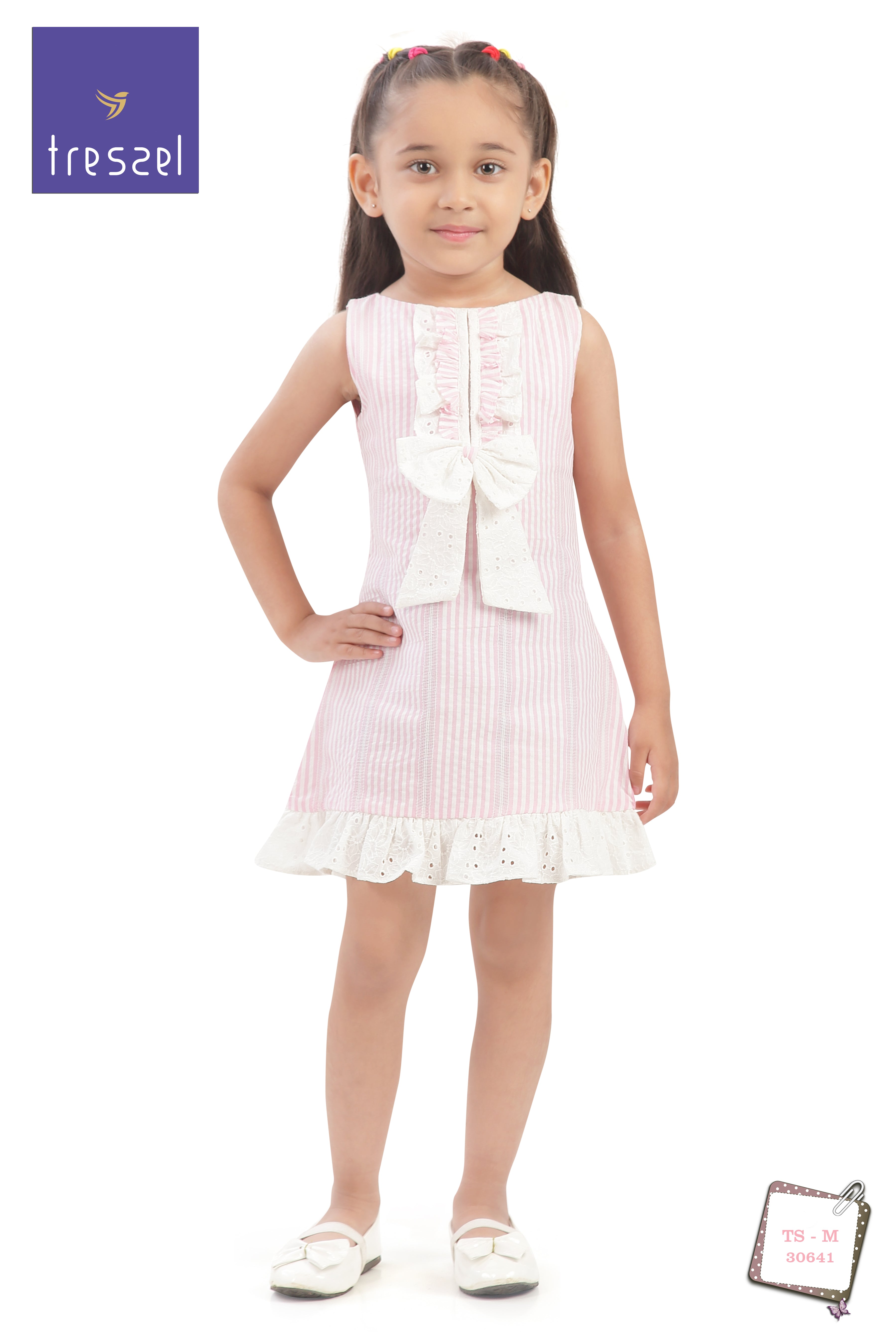 Girls Pink Stripe Bow Detail Lace Hem Dress TSM30641