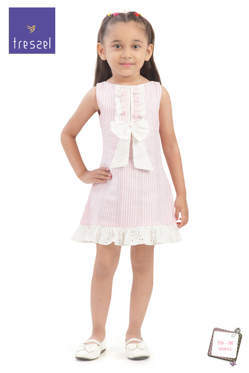 Girls Pink Stripe Bow Detail Lace Hem Dress TSM30641