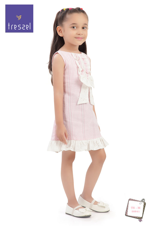 Girls Pink Stripe Bow Detail Lace Hem Dress TSM30641