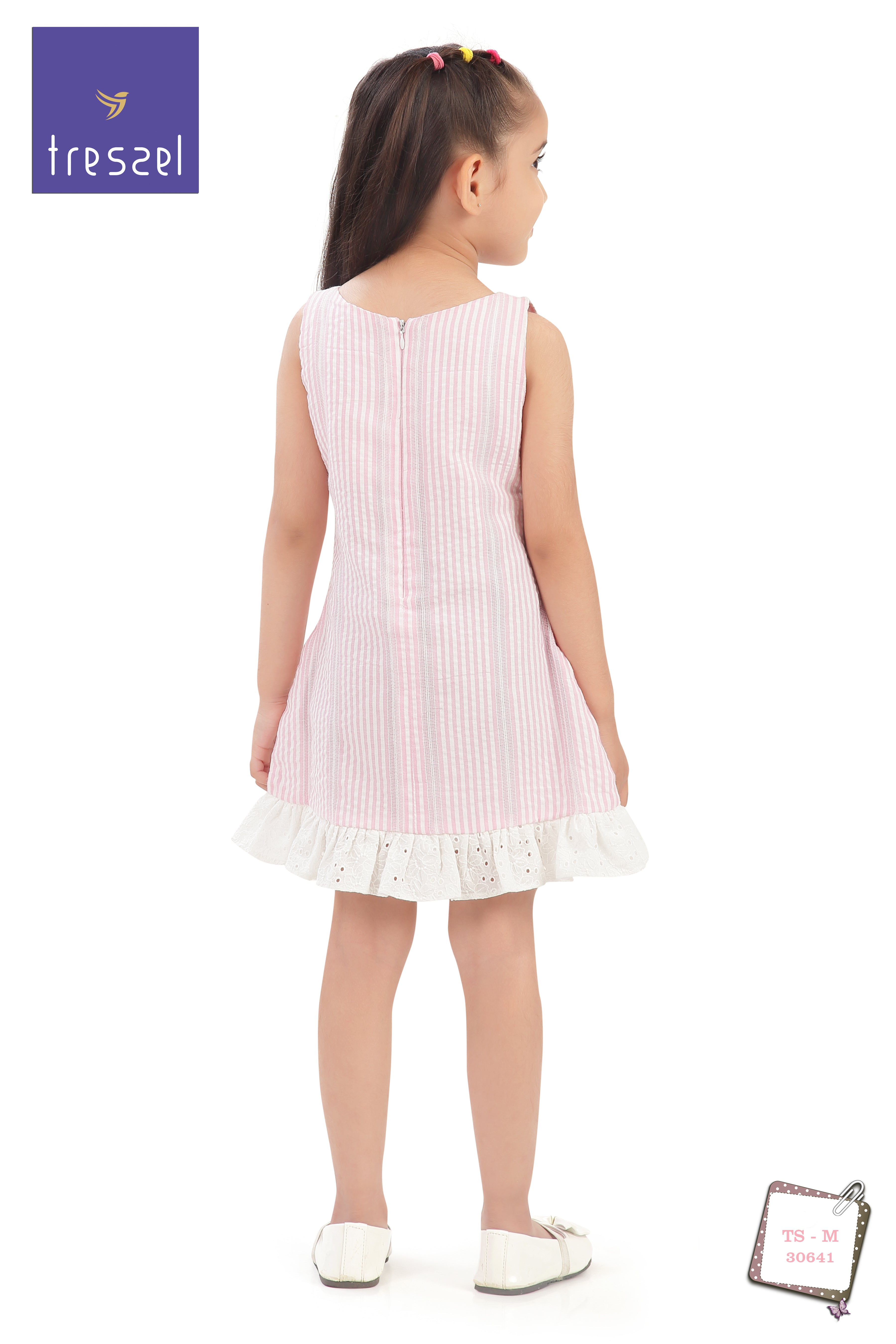 Girls Pink Stripe Bow Detail Lace Hem Dress TSM30641