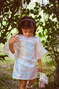 Girls Shimmer Off-White Sequin Dress | Puffy Organza Sleeves | Stylish Party & Occasion Wear | Toddlers