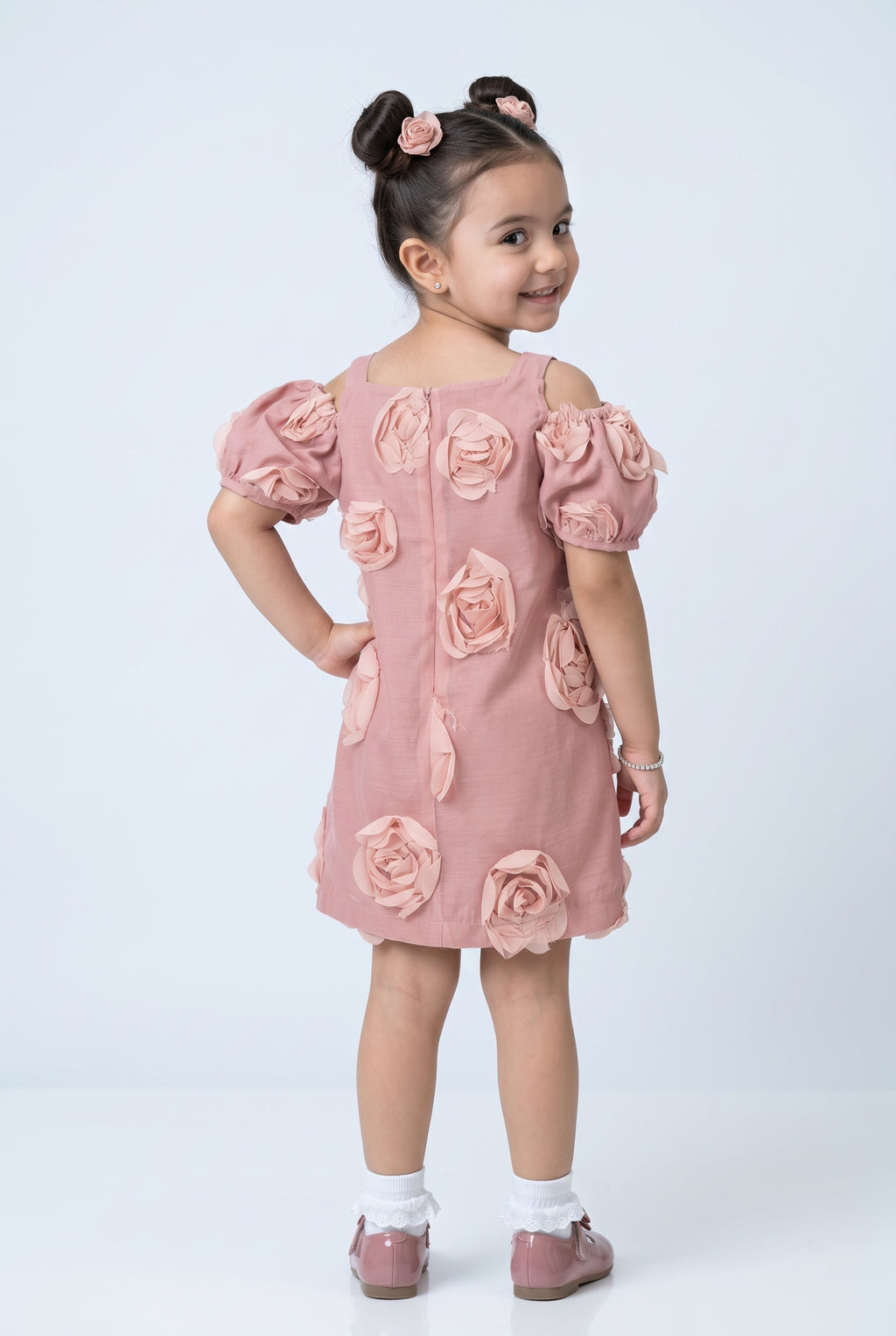 Girls Dusty Rose 3D Floral Cold-Shoulder Dress TSM30662