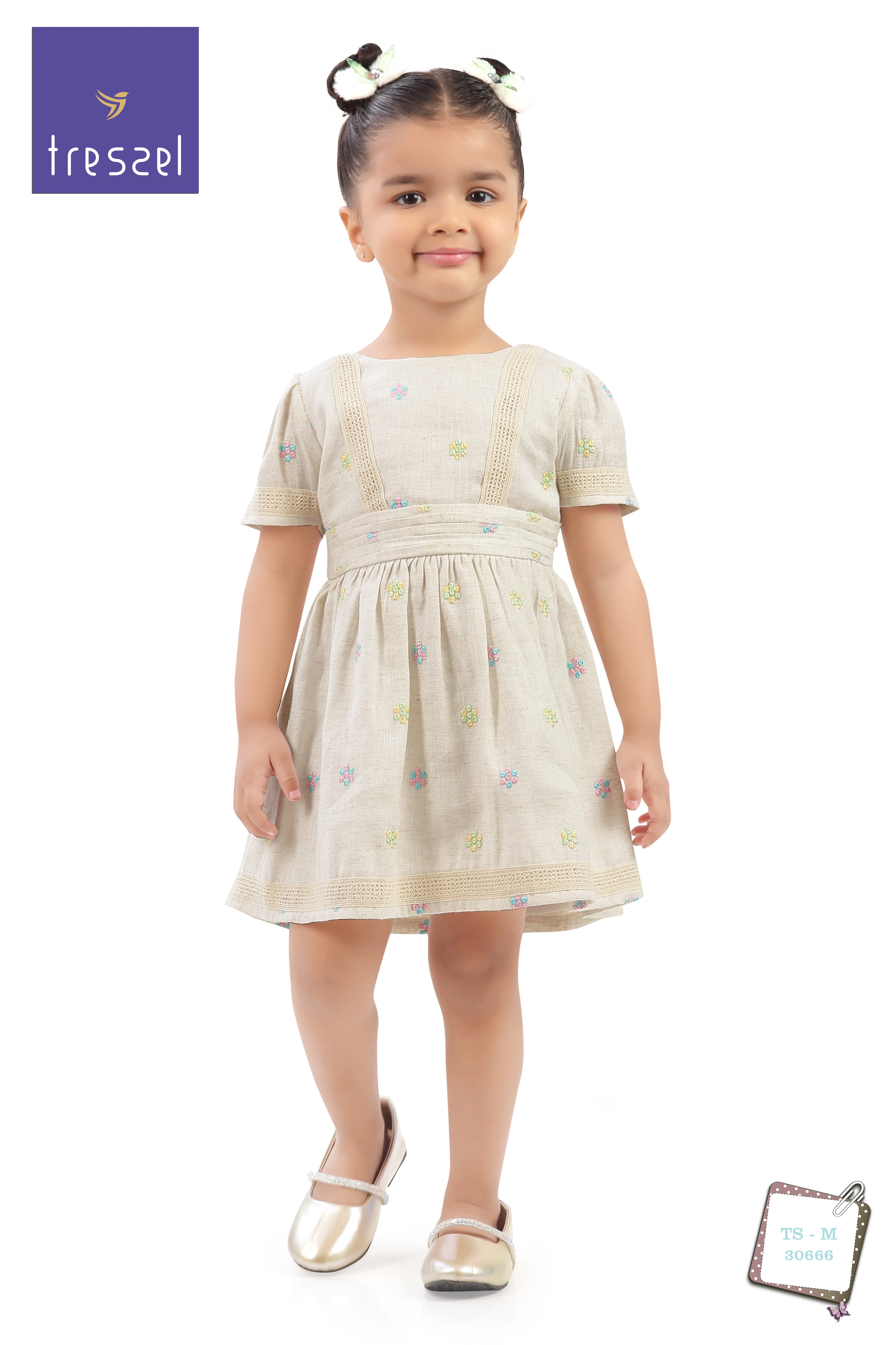 Girls Beige Floral Embroidered Smocked Dress TSM30666
