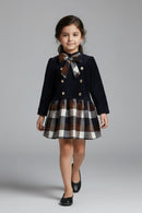 Tressel Girls Navy Blue Checkered Winter Dress with Bow