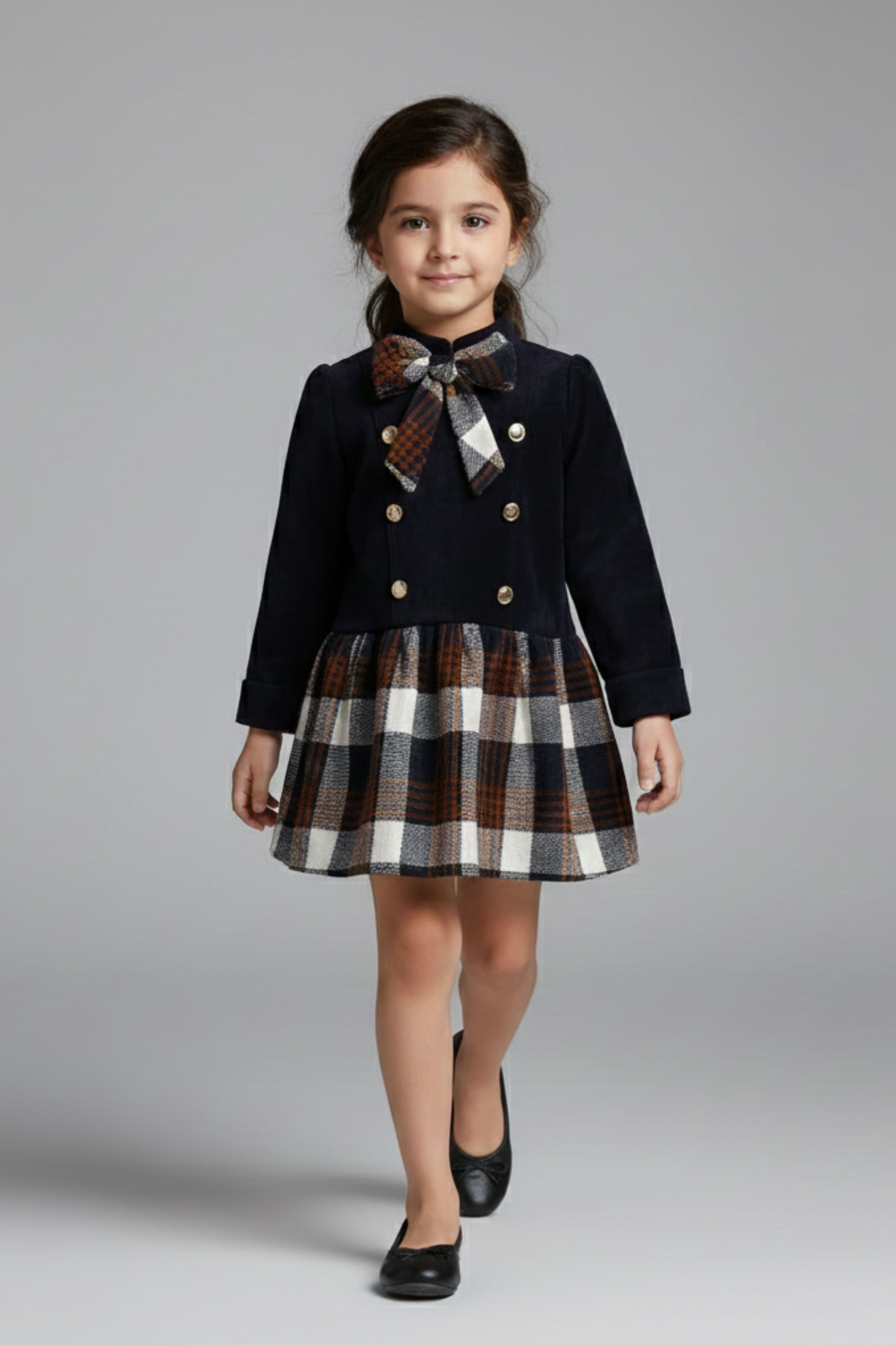 Tressel Girls Navy Blue Checkered Winter Dress with Bow