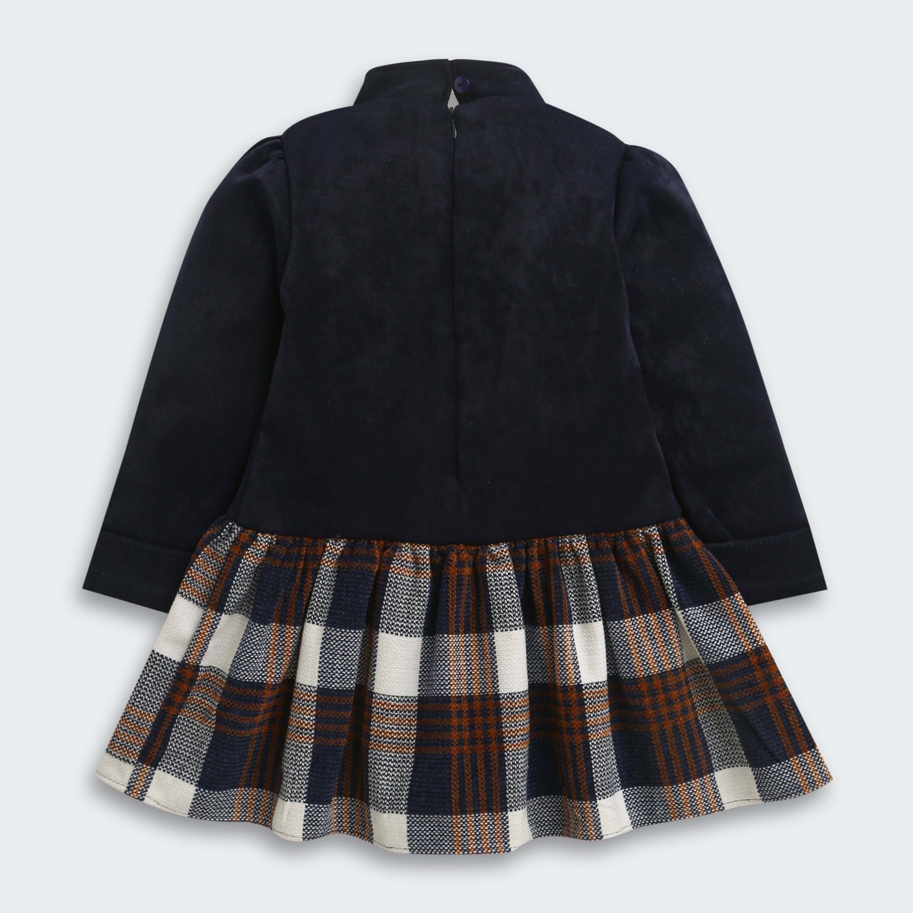 Tressel Girls Navy Blue Checkered Winter Dress with Bow
